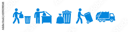 Bild auf Leinwand Blue waste management icons showing the garbage disposal process: carrying bags, filling bins, wheeling containers, and a collection truck
