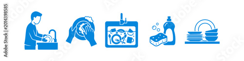 Blue icons set depicting dishwashing steps: washing at the sink, scrubbing plates, dirty sink, soap with sponge, and stacked clean dishes. Perfect for housework and hygiene themes.