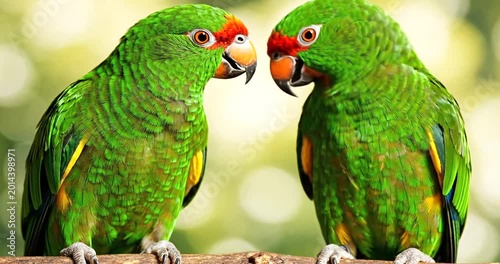 Two vibrant green parrots kissing affectionately on a branch in a natural outdoor setting
