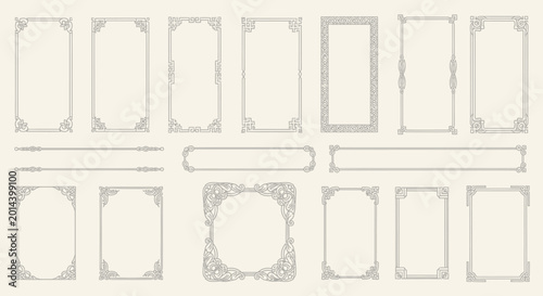 Collection of ornate rectangular and circular decorative borders and frames with intricate corner details and embellishments