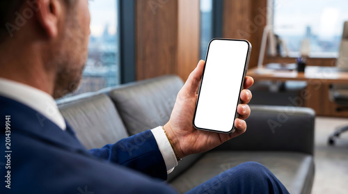 Middle-aged man in business attire checks his smartphone while seated in a contemporary office lounge with large windows.