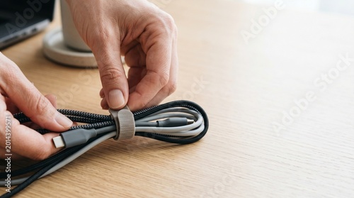 Organizing cables with cable tie on wooden desk at home workspace  