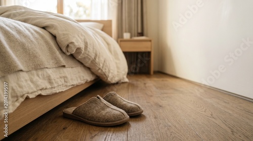 Cozy slippers placed beside bed in modern bedroom interior  