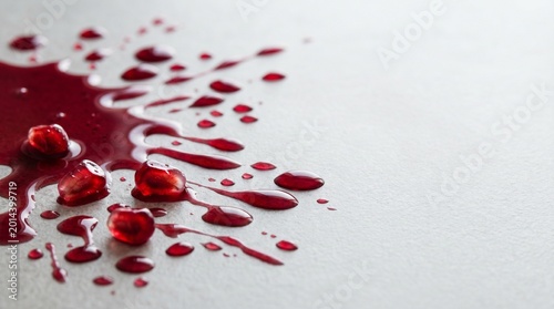 Spilled pomegranate juice with scattered seeds on white surface  
