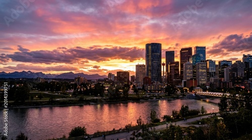 Vibrant Sunset Behind Calgary Downtown Skyline
