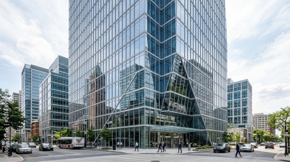Obraz premium Modern Glass Corporate Tower in Urban Downtown District