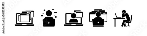 Canvastavla A set of five black icons illustrating digital fatigue, information overload, and workplace burnout caused by excessive multitasking and screen time on laptops