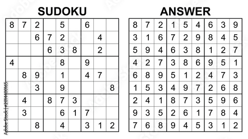 Vector sudoku with answer 84. Educational game with numbers for kids and leisure for adult on white background.