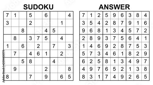 Vector sudoku with answer 82. Educational game with numbers for kids and leisure for adult on white background.