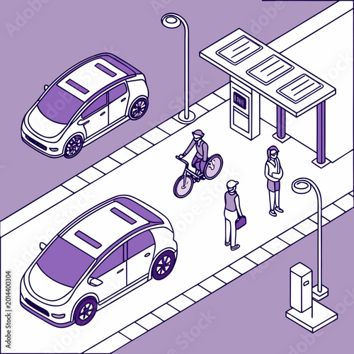 Electric vehicles at a bus stop with people bicycle urban