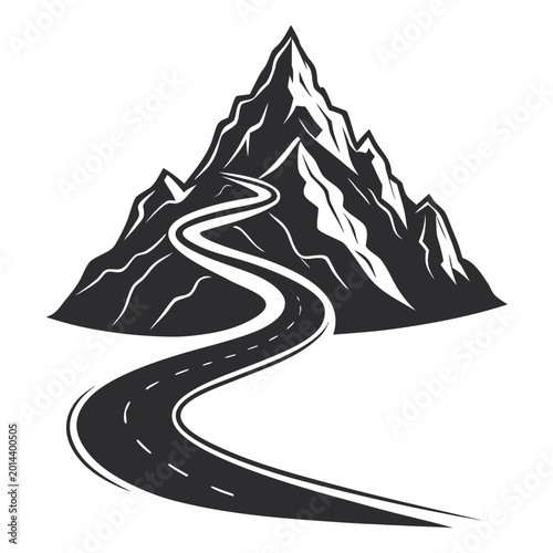 Black and white of winding road to mountains path trail nature