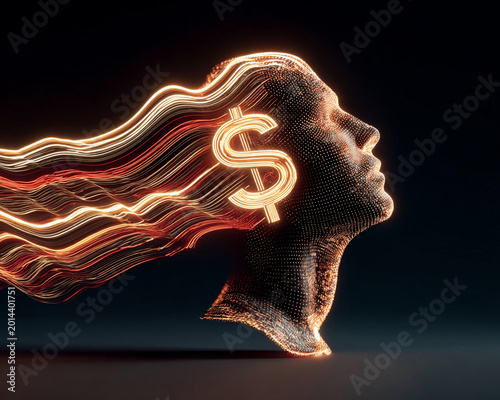 Creative representation of a head with flowing lines and a dollar sign symbol at the center in a dark setting