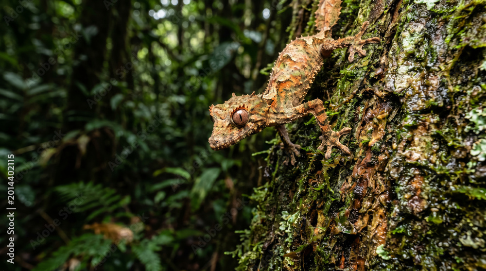 Fototapeta premium Rare satanic leaf tailed gecko camouflaged on rainforest tree bark