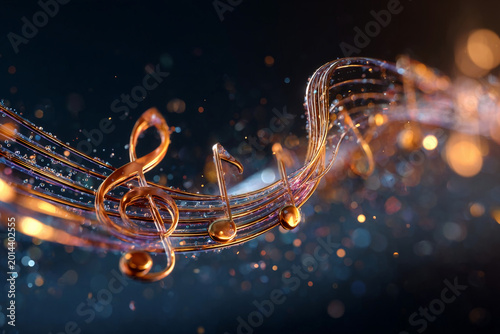 Musical notes flowing on a dark background with bright colorful sparkles all around in a creative display