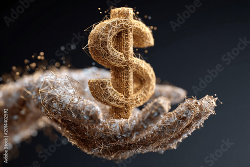 Hand holds a dollar sign made of golden strands and wire in a dark setting during daytime