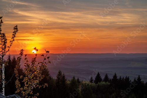 View from ruin Strilky castle spring fresh color sunset orange dark evening