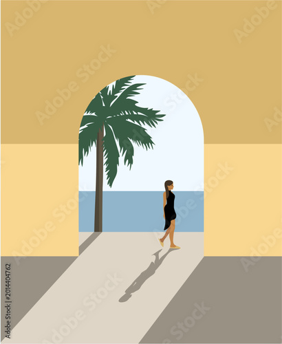 Woman walking through an archway towards the ocean with a palm tree