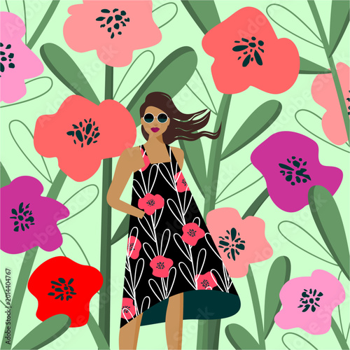 Woman in Floral Dress Standing Among Large Flowers Illustration