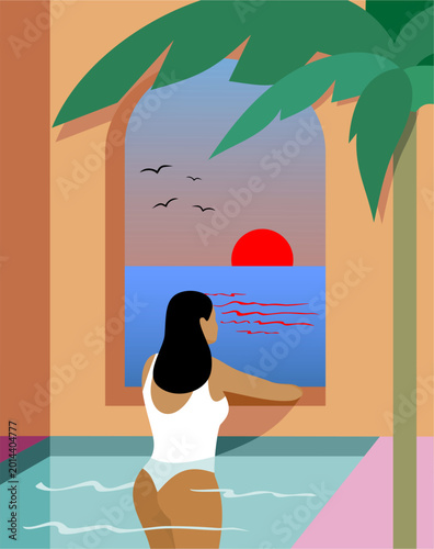 Woman in Swimsuit Looking at Sunset from Poolside Window