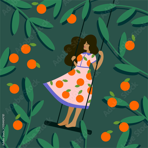 Woman on a Swing in an Orange Grove Illustration