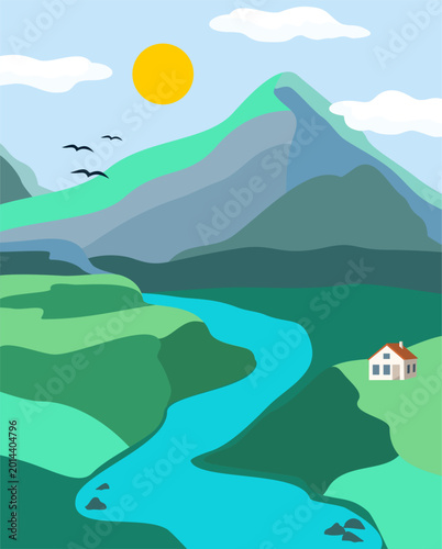 Mountain Landscape with River and House Illustration