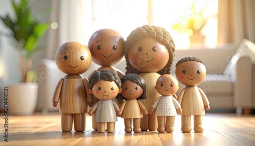 A heartwarming 3D rendering depicts a stylized wooden family standing together in a sunlit living room, symbolizing unity and familial bonds.