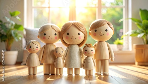 A heartwarming scene depicts a stylized wooden family standing together in a sunlit living room, radiating warmth and togetherness.