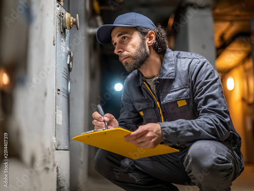 Worker inspects equipment in a basement and takes notes during a late evening maintenance task
