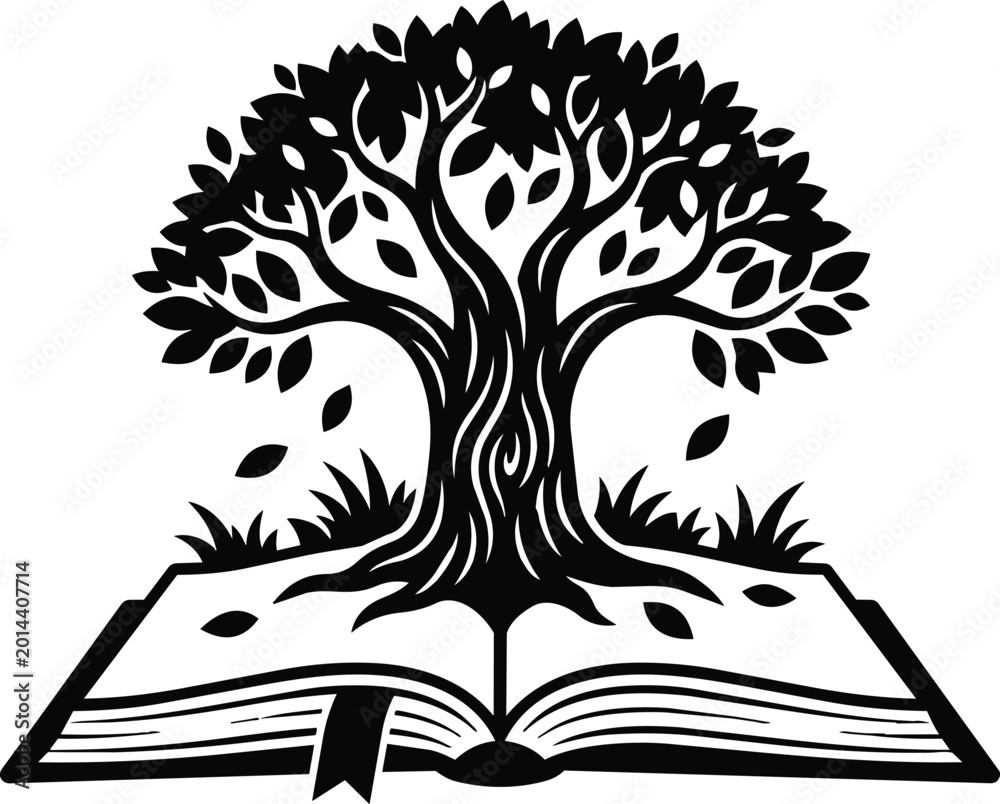 Fototapeta premium Black and white open book with growing tree and falling leaves vector art