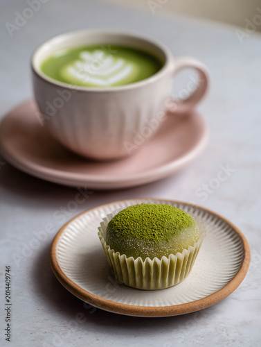 a single piece of mochi in a cupcake liner presented on a plate next to a matcha latte