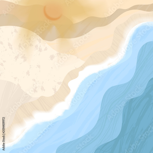Wall Mural Top Down Aerial View of Summer Beach and Ocean Waves with Sun