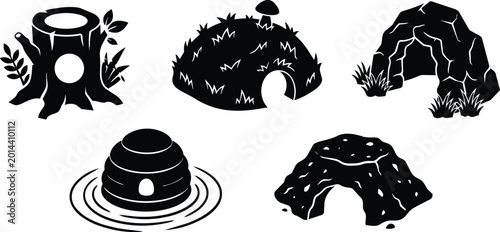 Black and white line art forest shelters stump grassy mound beehive stone cave rocky arch set