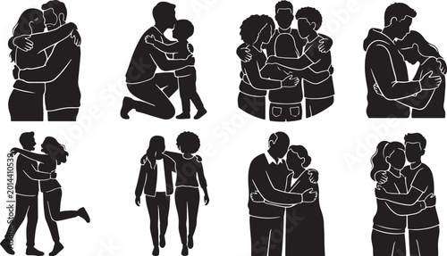 Fotografía Couple hugging silhouettes collection on a white background