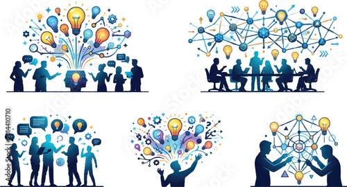 Foto Team brainstorming session with lightbulbs and network connections vector illust