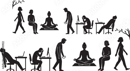 Foto Human silhouettes depicting various poses and activities vector illustration
