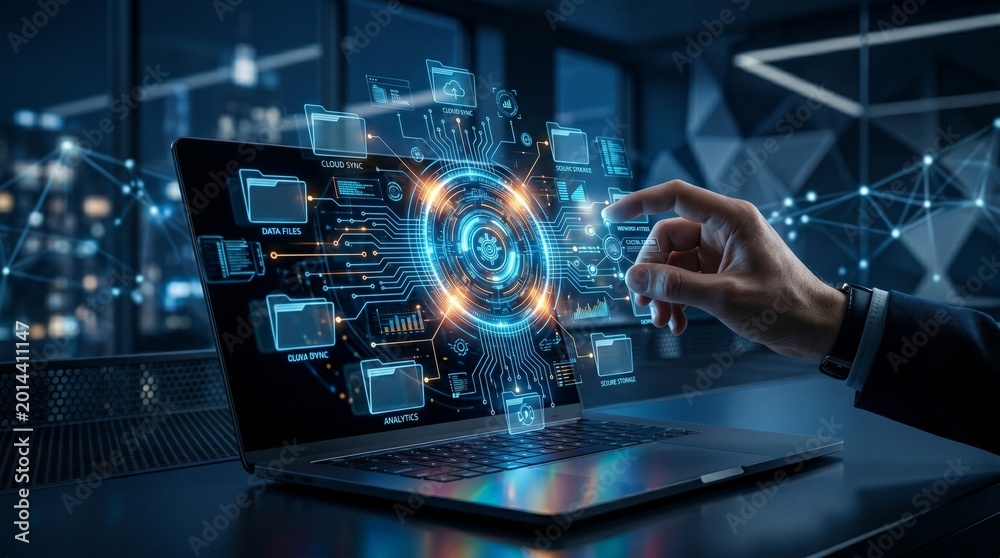Obraz premium Businesswoman Using Ai artificial intelligence on laptop to document management concept, online documentation database and digital file storage system or software, records keeping, database technology