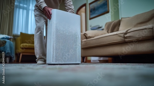 Hand Adjusting Air Purifier in Living Room