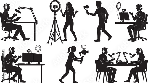 Foto Streaming and podcasting silhouettes with equipment on white background