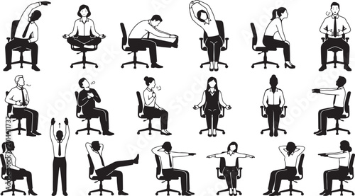 Foto office workers stretching exercises black silhouettes on white background
