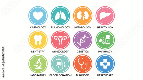 Photos A comprehensive and colorful collection of medical specialty icons, illustrating