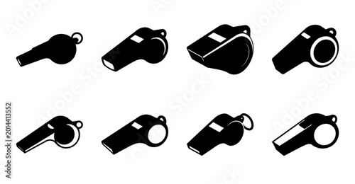 Tableau sur toile Black sports whistles in various styles - A collection of eight stylized black whistles used in sports, displayed in a clean, organized layout for easy selection and use in designs