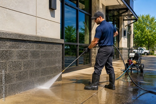Man cleaning sidewalk, pressure washing concrete, exterior maintenance, cleaning services, outdoor worker