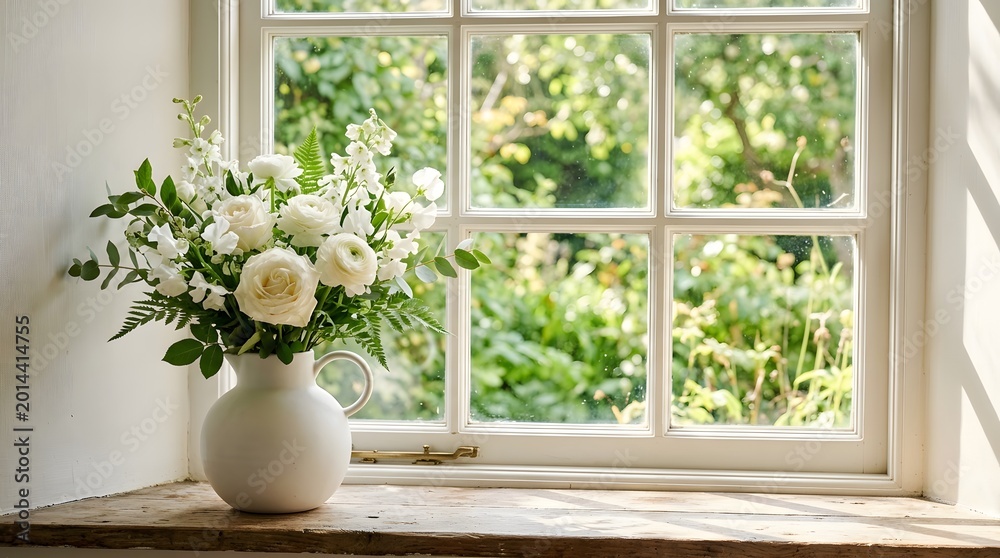 Fototapeta premium White roses and flowers in a vase on a wooden window sill with a garden view