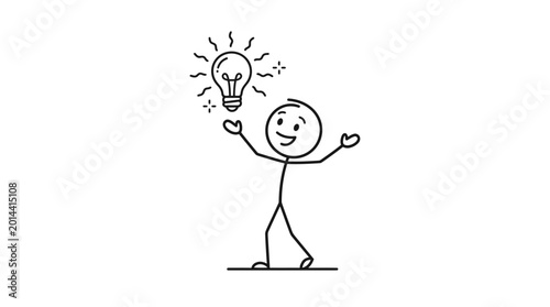 Tableau sur toile Happy stick figure man with a bright idea lightbulb above his head, celebrating innovation on an isolated white background
