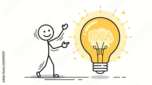 Photography Curious stick figure man walking towards a large glowing lightbulb with IDEA written on it, representing the pursuit of innovation in a bright studio