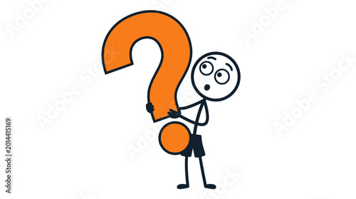 Foto Surprised Stick Figure Holding a Prominent Orange Question Mark, Expressing Bewilderment or a Sudden Realization on an Isolated White Background
