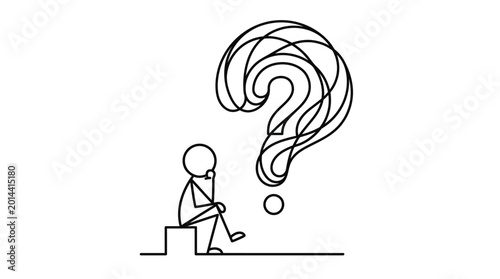 Fotografía Reflective Stick Figure Sitting on a Stool, Looking at a Swirling Question Mark Symbol, Contemplating a Problem on an Isolated White Background