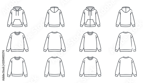 Photos Hoodie line icon vector set with unisex sweatshirt outline drawings in clean min