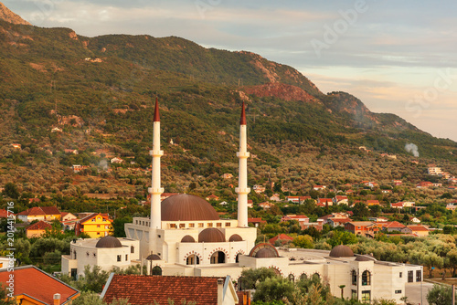 Selimiye Mosque against the backdrop of the Rumija mountain range in the Celuga neighborhood of the coastal city of Bar, Montenegro