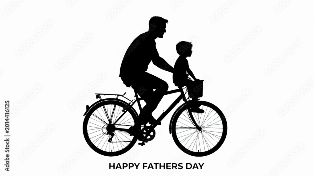 Fototapeta premium Father and child riding bicycle, Happy Fathers Day, black silhouette, family fun, cycling isolated on White Background
